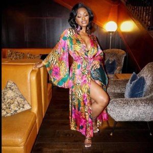 Rich Auntie Kimono Wrap Dress Floral Animal Print Kimono Wrap Dress NEW S and M